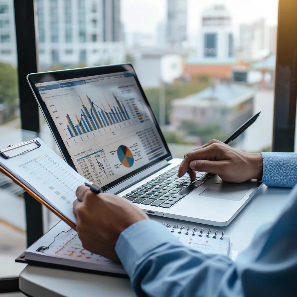 Business professional evaluating vendor viability on a laptop