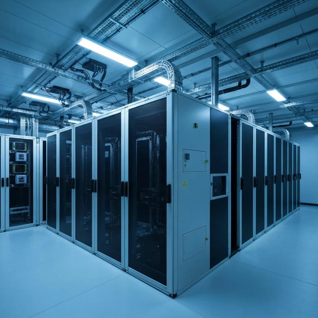 Interior view of a modular data center highlighting IT racks and cooling systems