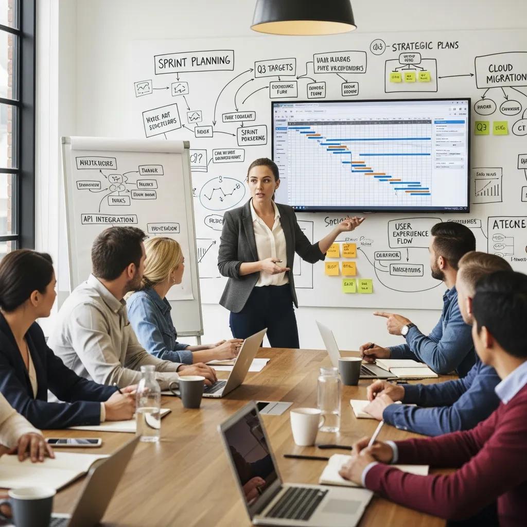 Project manager leading a team meeting on technology initiatives execution