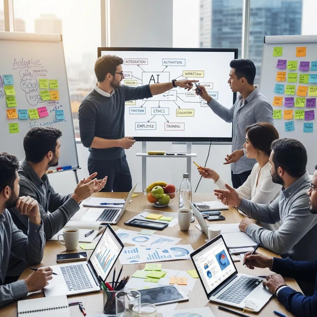 Team of employees collaborating on AI adoption strategies in a modern workspace