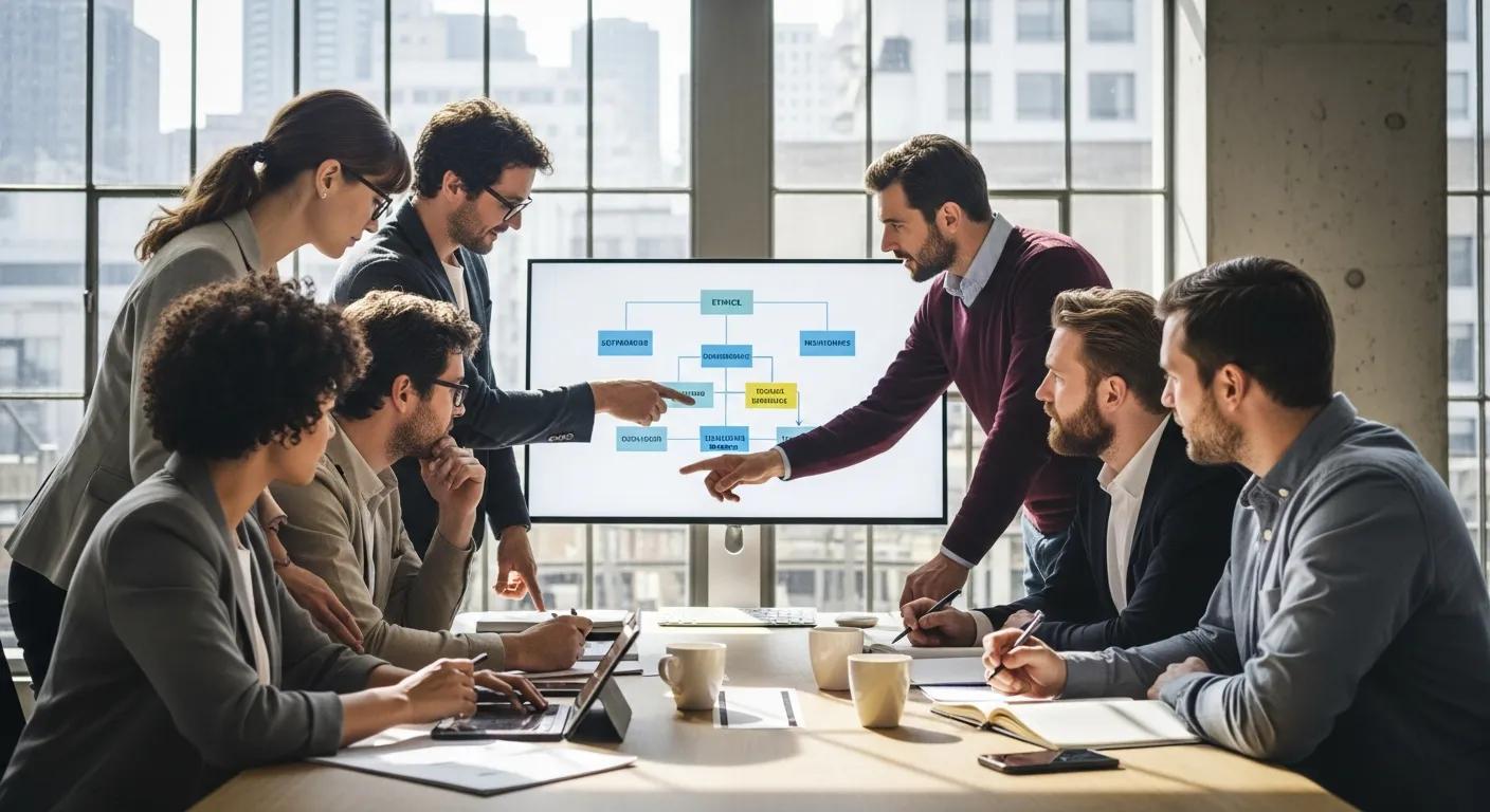 A cross-disciplinary team discussing ethical guidelines for AI development in a collaborative setting