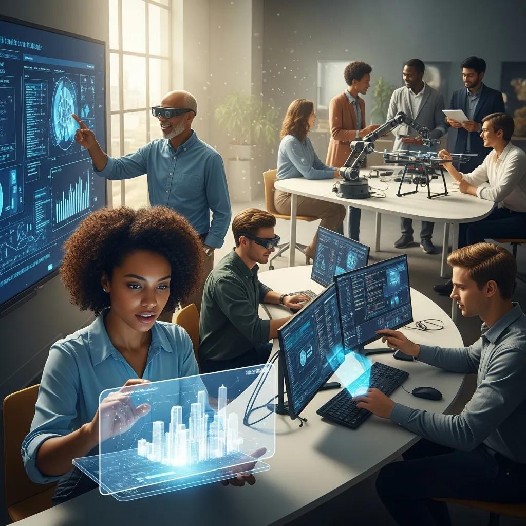 Diverse individuals engaging with AI technology, emphasizing human empowerment and collaboration