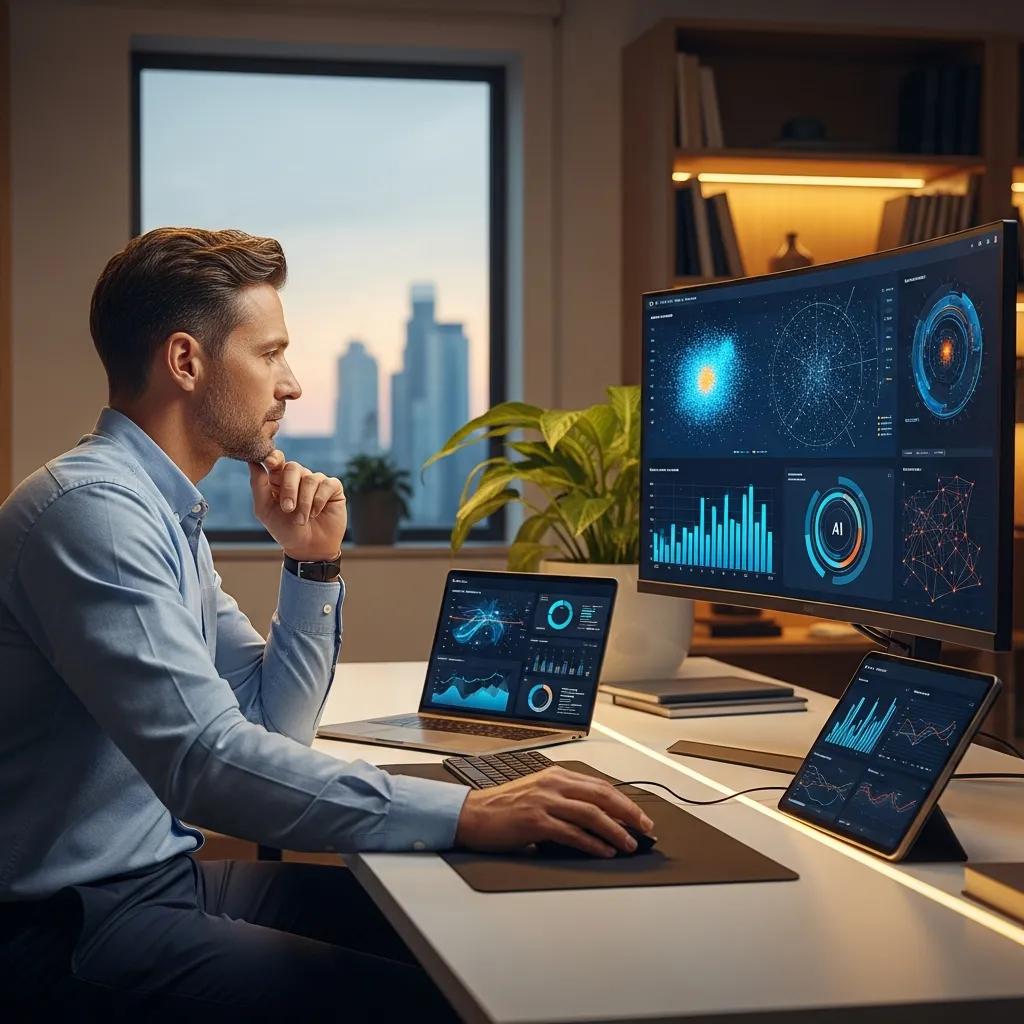 A professional using AI tools in an office to boost productivity and spark innovation