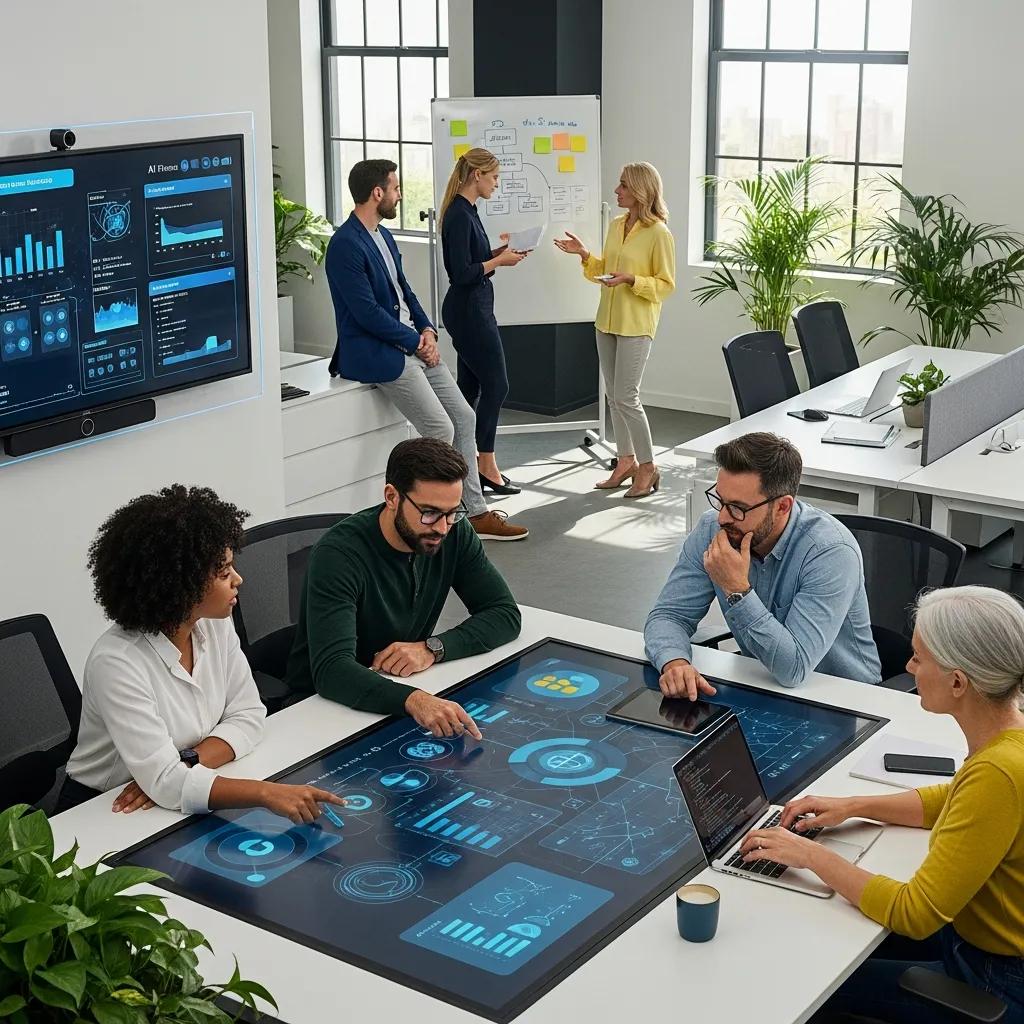 Team collaborating with AI technology in a modern office setting